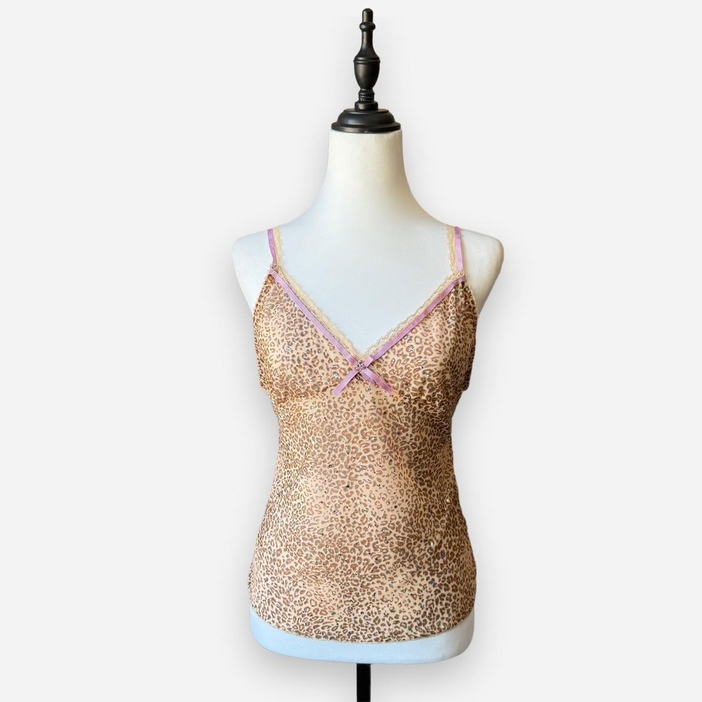 Verde Veronica Y2K Leopard Rhinestone Mesh Cami Top Large Fairy Grunge Mcbling